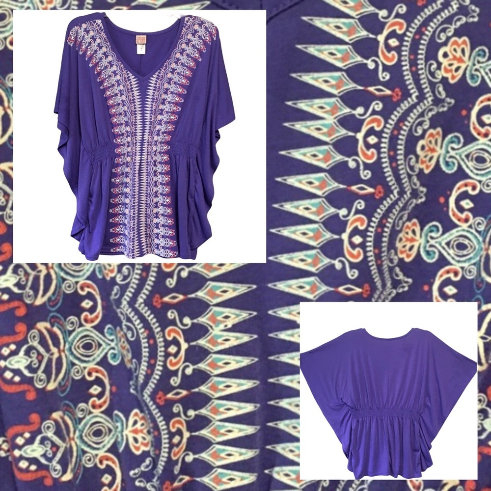 CANYON RIVER BLUES BUTTERFLY FLUTTER LG. PURPLE PONCHO TUNIC TOP